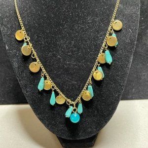 Turquoise and Chrysoprase Vintage Brass, Glass and Class 18"-21" Necklace